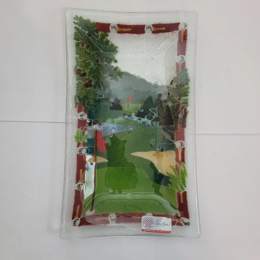 Peggy Karr Glass Fused Art Tray Golf Course Landscape Handmade USA 9.5in